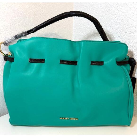 BADGLEY MISCHKA TEAL Large Tote Vegan Leather with Black Snake Top Handle - Picture 1 of 9